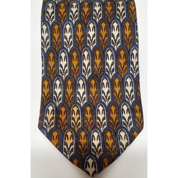 BACI Italy Necktie 100% Silk Feather Medallion Print Taupe/Gold/Steel Blue Tie - Picture 5 of 12